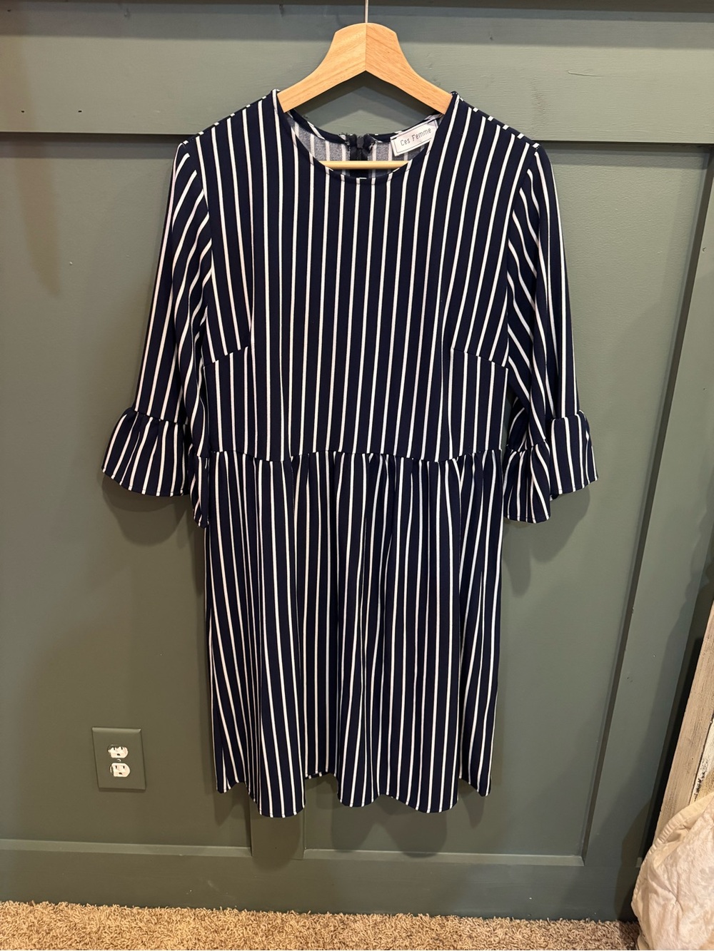 Ces Femme Navy and White Vertical Stripe Ruffle-Sleeve Dress
